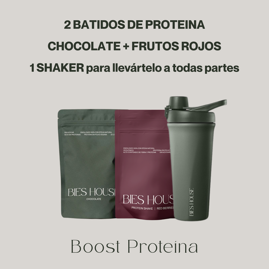 BOOST PROTEÍNA (Chocolate + Frutos Rojos + Shaker)